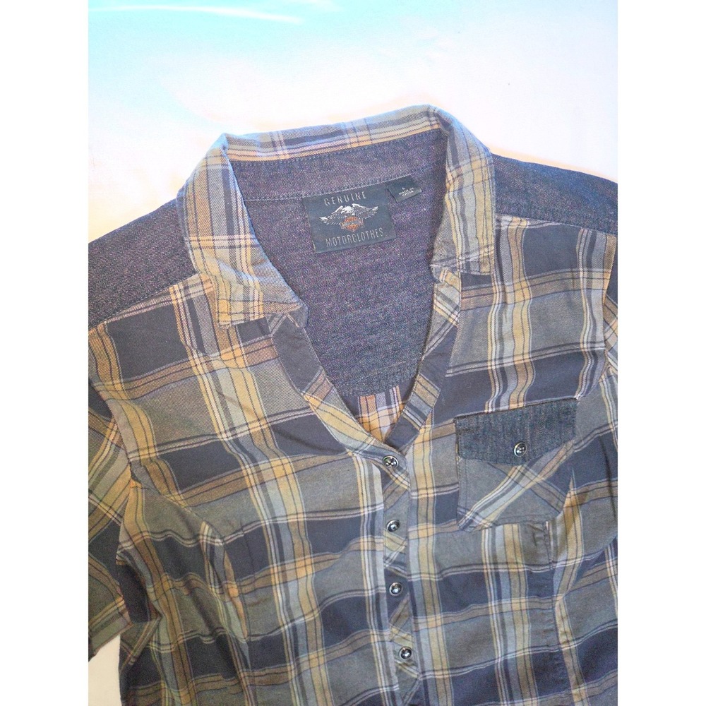 Harley Davidson Plaid Snap Down Women L Gray Tan Graphic Back 96337-19VW